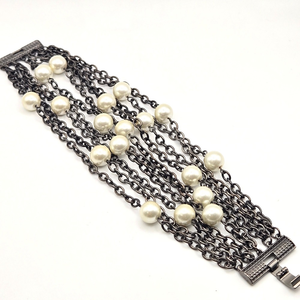 Multi Strand Dark Metal Chain Glass‎ Faux Pearl Bracelet Fold Over Clasp Closure